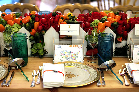 A place setting for Taddy Pettit (unseen), 10, from Oakwood, Illinois is seen on a table during the dinner