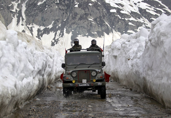 Soldiers travel on the Srinagar-Leh highway. No new roads have been built by the government for years