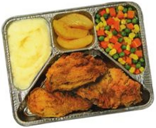 A 1950s-style TV dinner. This type of meal was common until the mid-1980s.
