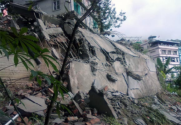 The debris of a residential building after an earthquake