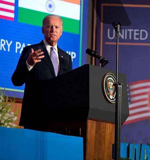 Joe Biden delivering remarks on the India-US partnership at the Bombay Stock Exchange in Mumbai