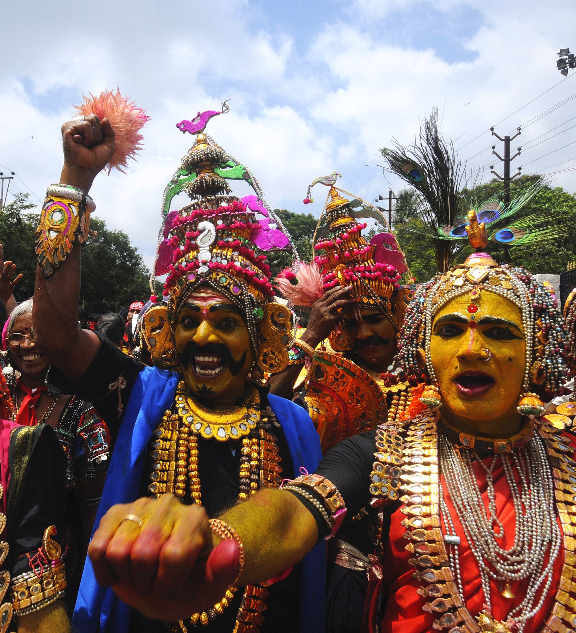 Cultural artists from Telangana participate in a protest rally in Hyderabad