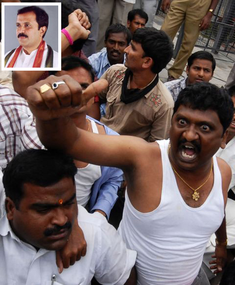 Telangana supporters seen protesting in Hyderabad in this August, 2009 photograph (Inset) Madhu Yashki Goud