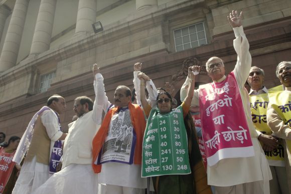 NDA leaders Sharad Yadav, Shiv Sena's Manohar Joshi and L K Advani, Rajnath Singh, Sushma Swaraj protesting against price-rice in front of the Parliament in this 2008 photograph.