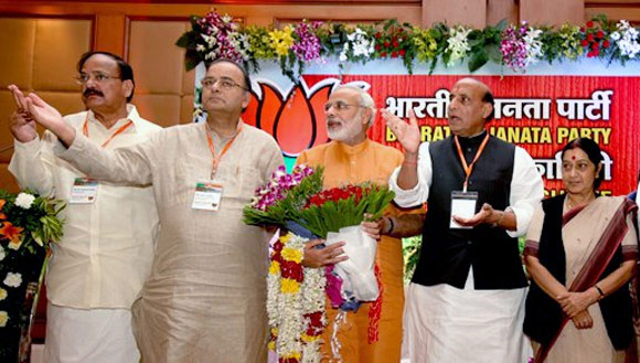 BJP leaders Venkaiah Naidu, Arun Jaitley, Rajnath Singh and Sushma Swaraj share the stage with Narendra Modi.