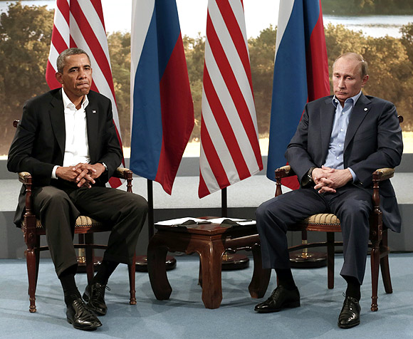 US President Barack Obama meets with Russian President Vladimir Putin during the G8 Summit at Lough Erne in Enniskillen,  Northern Ireland