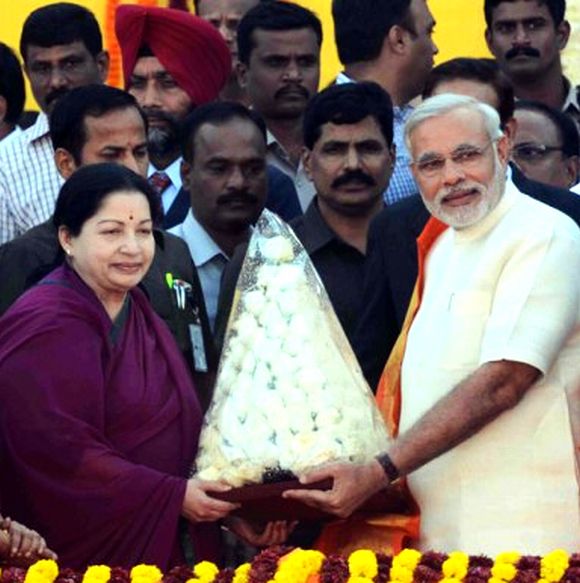 Tamil Nadu Chief Minister J Jayalithaa greets her Gujarat counterpart Narendra Modi in Ahmedabad.