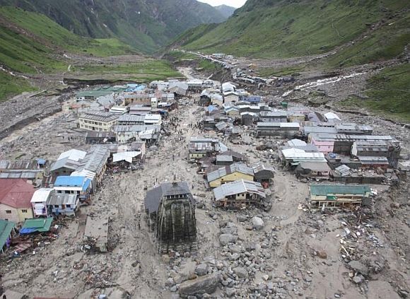 The Kedarnath temple is pictured amid damaged surroundings by flood waters last year