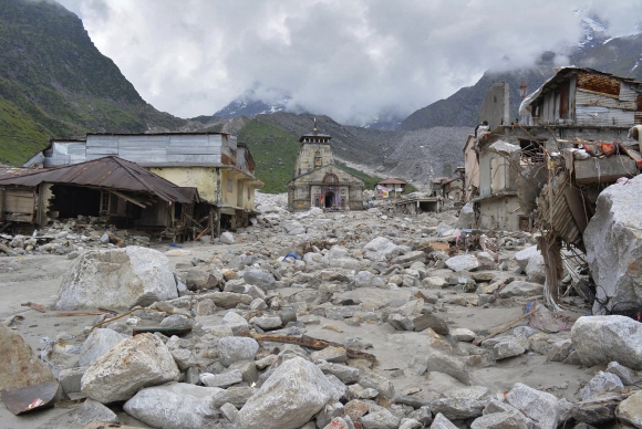 The KedarnathTemple is pictured amid damaged surroundings by flood waters at Rudraprayag