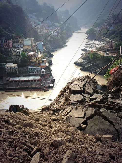 Road torn up by river during Ganga Fury exactly above the final confluence of the Ganga at Devprayag