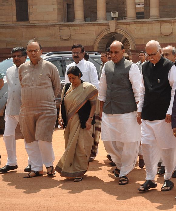BJP leaders (Left to Right): Ravishankar Prasad, Arun Jaitley, Sushma Swaraj, Rajnath Singh and L K Advani