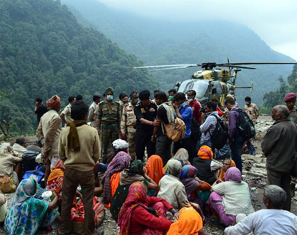 An Indian Air Force helicopter rescues stranded pilgrims in Uttarakhand