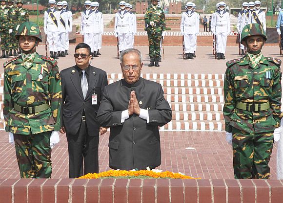 President Pranab Mukherjee at the national memorial at Savar near Bangladesh capital Dhaka
