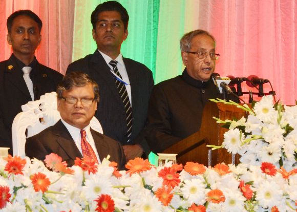 President Pranab Mukherjee addresses the audience after receiving the 'Bangladesh Muktijuddho Sanmanona' in Dhaka on Monday