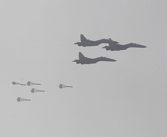 Sukhoi-30 aircraft in action during an Indian Air Force exercise.