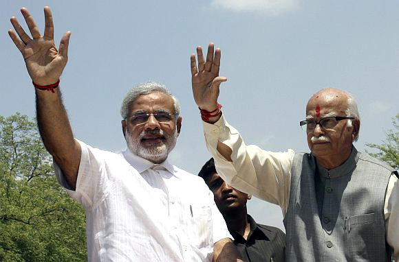 Narendra Modi with L K Advani -- the BJP's past and future?