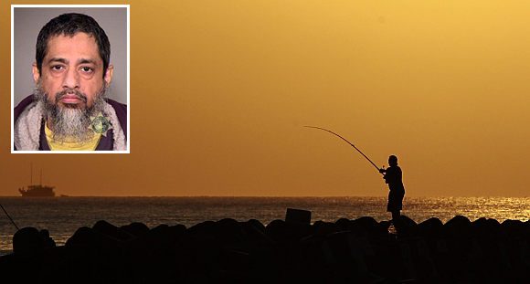 A man fishes on a beach in Male, Maldives. (inset) Reaz Qadir Khan, arrested on charges he gave advice and financial assistance to one of three Islamist militants who carried out a 2009 suicide bombing in Pakistan that killed 30 people and wounded 300 others