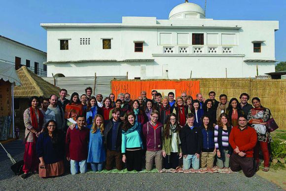 The first group of Harvard students, faculty and staff at the Maha Kumbh mela in January.