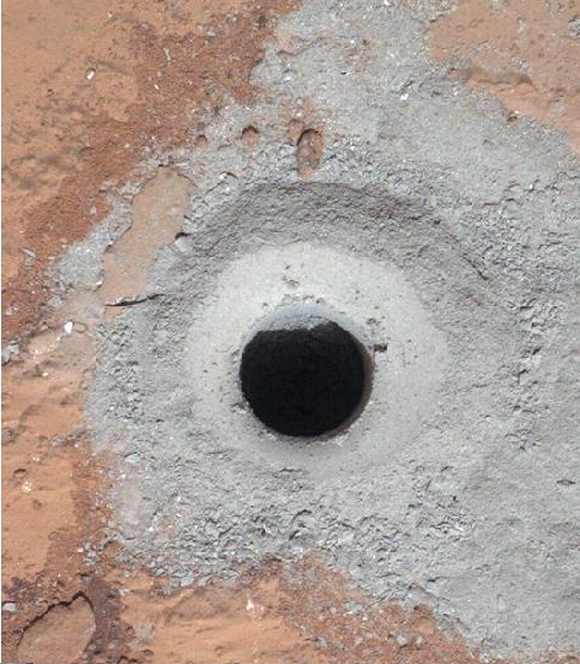 The hole produced by Curiosity during the first drilling into a rock on Mars to collect a sample from inside the rock