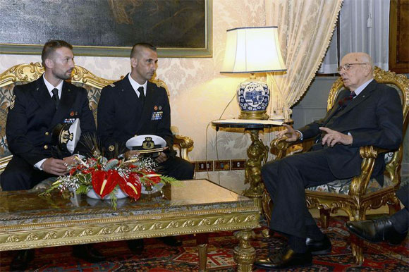 Italian President Giorgio Napolitano meets Salvatore Girone and Massimiliano Latorre at Quirinale presidential palace in Rome