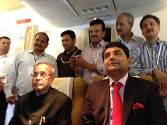 Some of the journalists onboard AirIndia One, with the VIPs