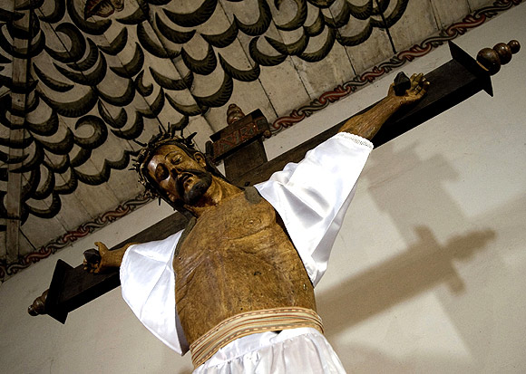 A wooden carving of Jesus Christ is displayed in the Church of San Miguel de Velasco in Santa Cruz, Bolivia. The Jesuits built churches distinguished for their wood carving, painting and music education.