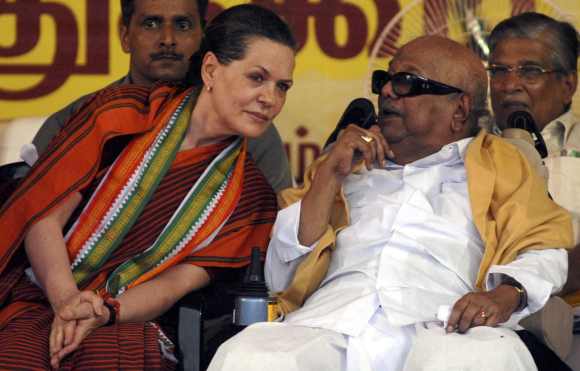 Karunanidhi with UPA chairperson Sonia Gandhi in happier times