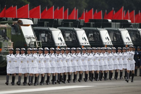 Women soldiers from the People's Liberation Army march during a military parade