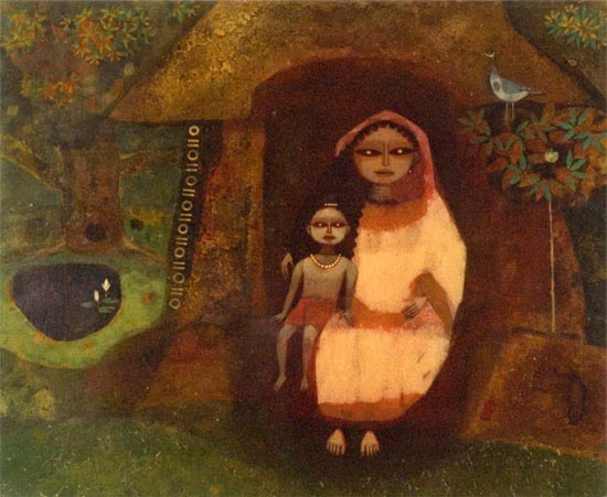 A Ganesh Pyne painting titled, simply, 'Mother and Child'.