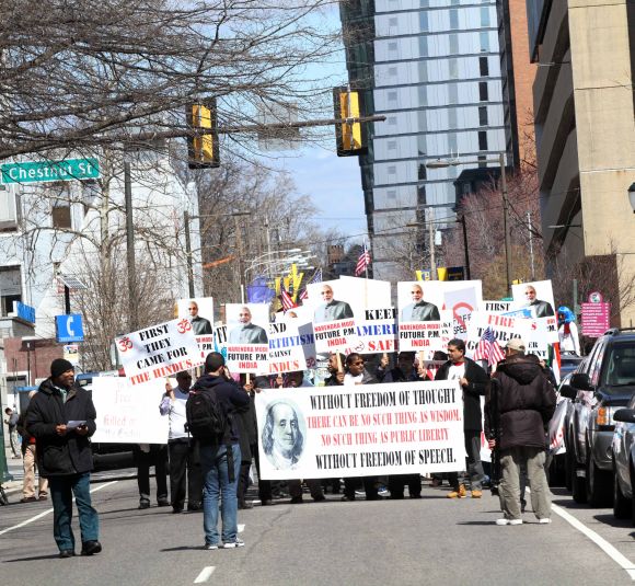 Modi supporters protest near the venue of the Wharton Economic Forum in Philadelphia on Saturday