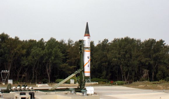 India's nuclear-capable Agni-III missile is seen before its third flight launch system at Wheeler Island, on May 7, 2008.