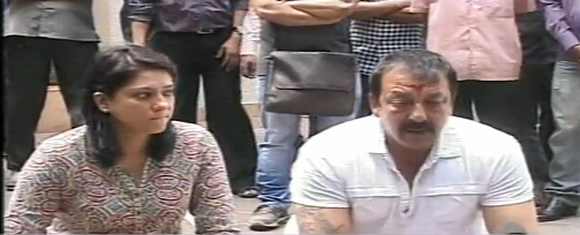 Dutt with sister and Congress MP Priya Dutt at the press briefing in Mumbai