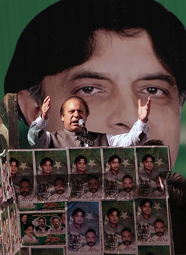 Nawaz Sharif, leader of the political party Pakistan Muslim League - Nawaz, addresses an election campaign rally in Rawalpindi