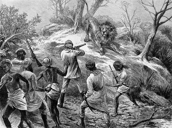 An Englishman shoots a lion in Kathiawad, Gujarat. An illustration from an 1873 issue of  The Graphic, a British weekly illustrated newspaper