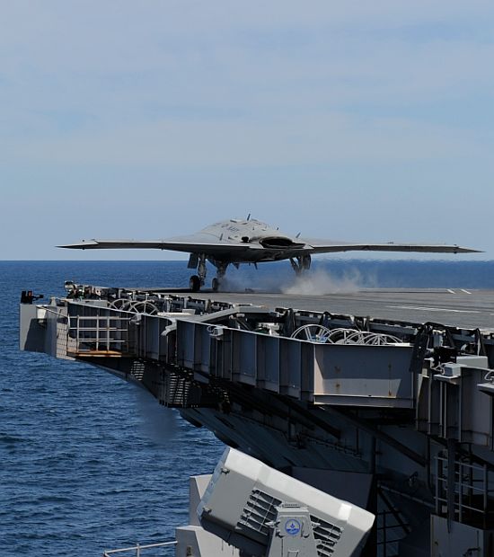 An X-47B Unmanned Combat Air System demonstrator launches from the aircraft carrier USS George H W Bush (CVN 77). George H W Bush is the first aircraft carrier to successfully catapult launch an unmanned aircraft from its flight deck