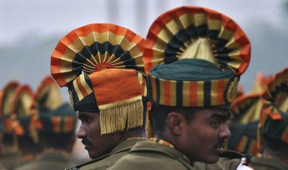 Indo-Tibetan Border Police personnel rehearse for the Republic Day parade in New Delhi.