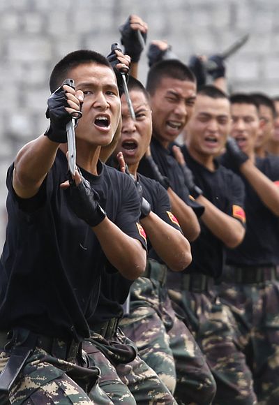 Chinese People's Liberation Army soldiers demonstrate martial arts during a military exercise.