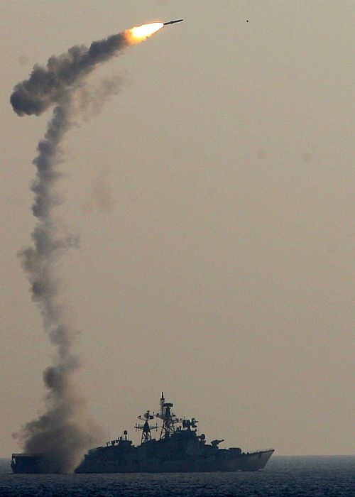 The BrahMos supersonic cruise missile being test fired from a naval ship