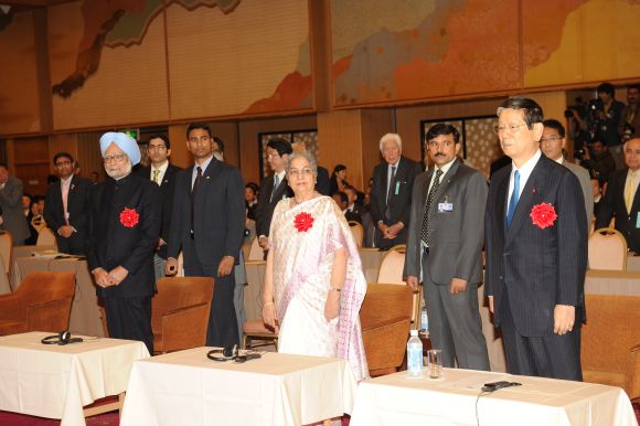 Prime Minister Manmohan Singh and Gursharan Kaur at the reception hosted by the Japan India Association Tuesday