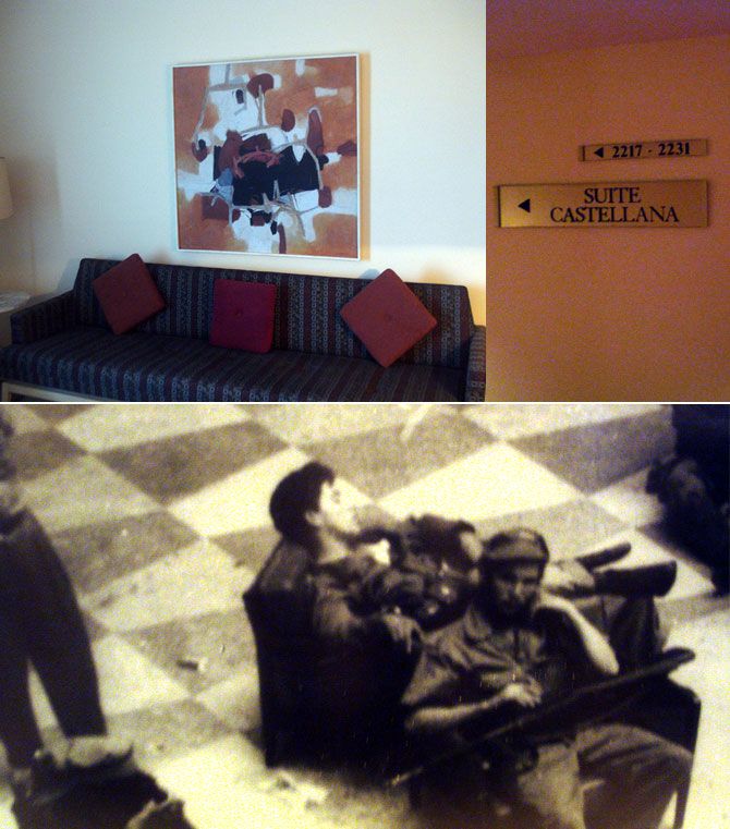 The suite on the 22nd floor of the Havana Libre hotel, Fidel Castro's office during the first three months after the Cuban revolution of January 1, 1959. The suite is understandably a tourist attraction, and is well preserved unlike most of the rest of the hotel where the Indian media accompanying Vice-President Hamid Ansari stayed.