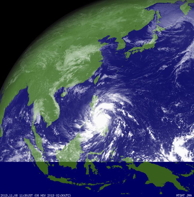 Typhoon Haiyan hits the Philippines in this weather satellite image, courtesy of the Japan Meteorological Agency