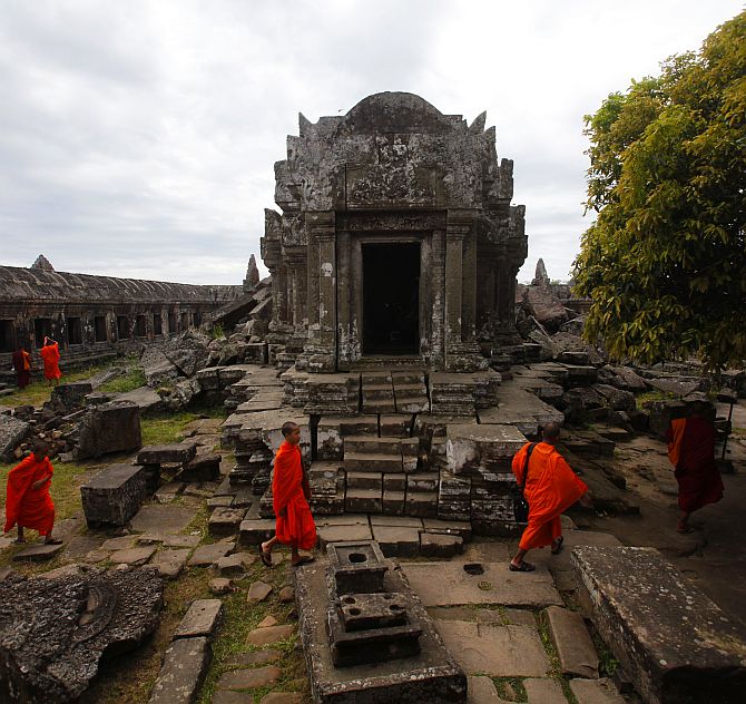 Buddhist monks visit the 900-year-old Preah Vihear temple on the border between Thailand and Cambodia 