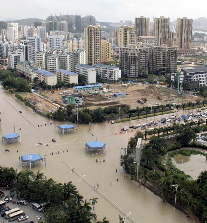 A view of flooded streets after rainstorms triggered by Typhoon Haiyan hit Sanya, Hainan province