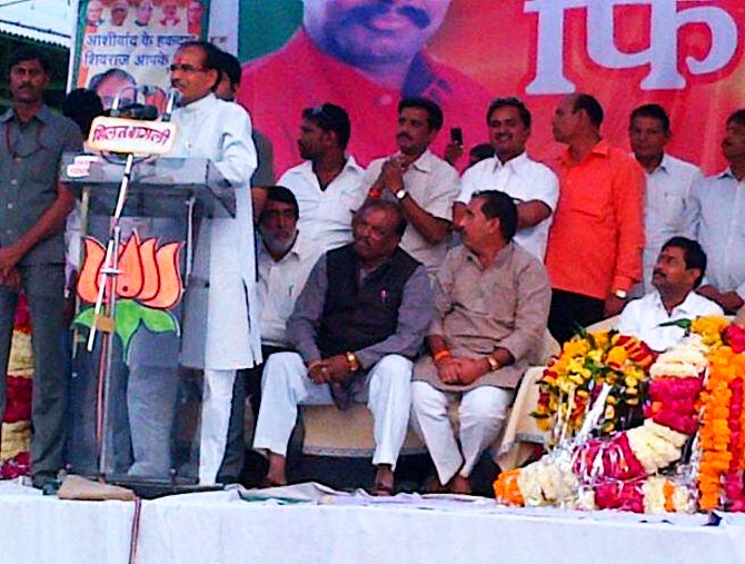 Shivraj Singh Chouhan addresses his supporters during a campaign rally at Barotha
