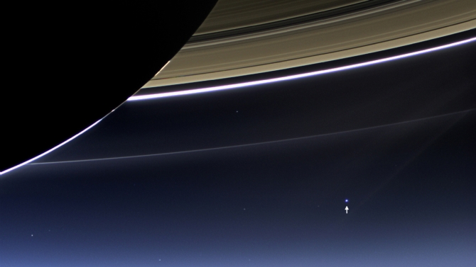 In this rare image, the wide-angle camera on NASA's Cassini spacecraft captured Saturn's rings, the Earth and its moon in the same frame