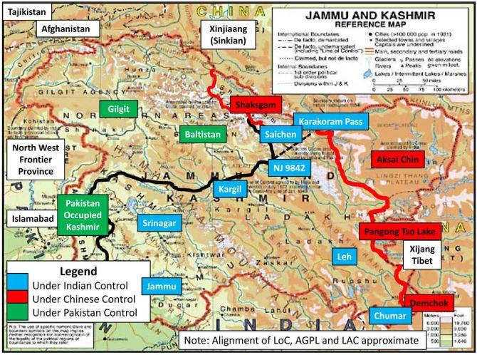 Map showing the border of princely state of Jammu and Kashmir touching Afghanistan and Tajiskistan