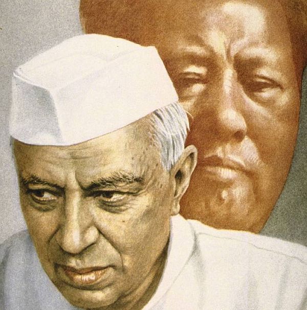 A sketch of Prime Minister Jawaharlal Nehru against the backdrop of China's capricious leader Mao Zedong who order his troops to invade India in October 1962.