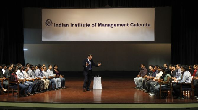 Britain's Prime Minister David Cameron speaks during an interactive session with the students of the Indian Institute of Management Calcutta