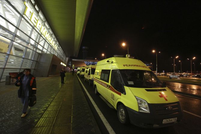 Ambulances are seen outside the main building of Kazan airport following the plane crash on Sunday. 