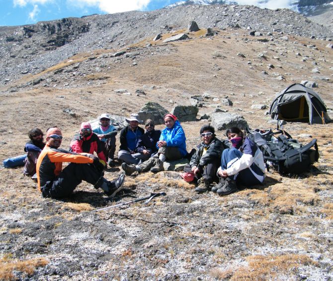 The team relaxing at the base camp after accomplishing their mission